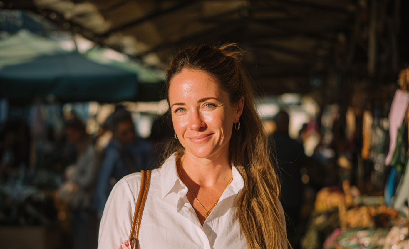 Eine lächelnde Frau, die auf einem Flohmarkt steht | Quelle: Midjourney