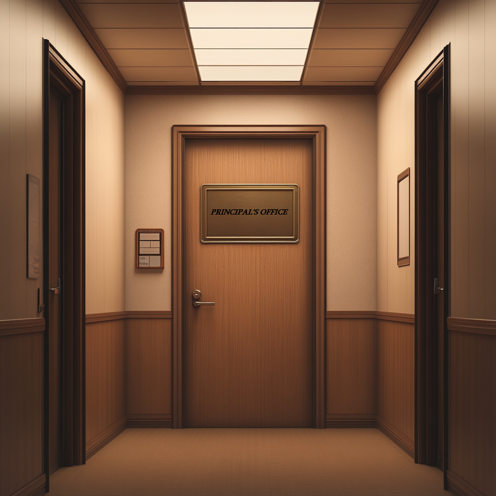 Ein Schulflur mit dem Büro des Schulleiters am anderen Ende | Quelle: Midjourney