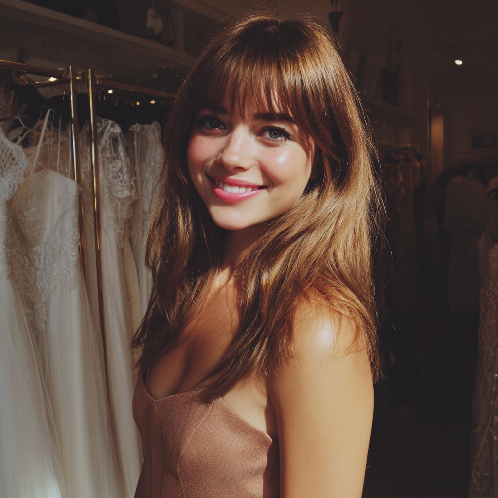 Eine junge Frau steht in einer Brautkleid-Boutique | Quelle: Midjourney