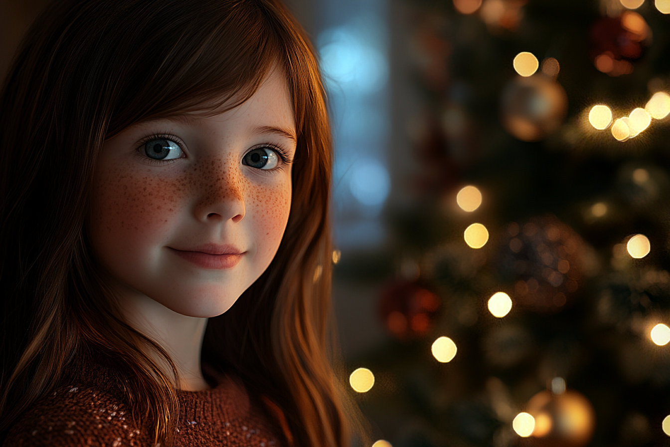 Ein Mädchen steht neben einem Weihnachtsbaum | Quelle: Midjourney