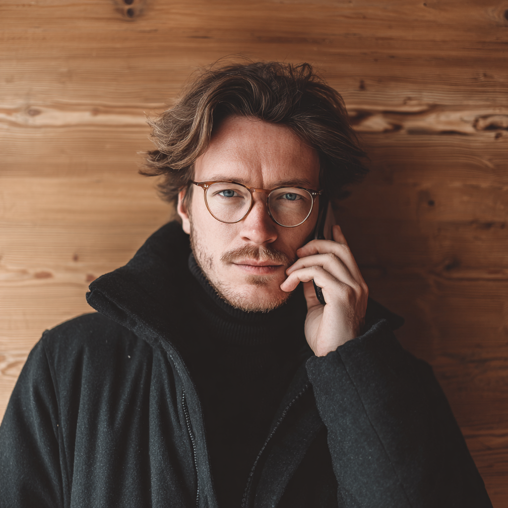 Ein Mann, der eine schwarze Jacke trägt und am Telefon spricht | Quelle: Midjourney