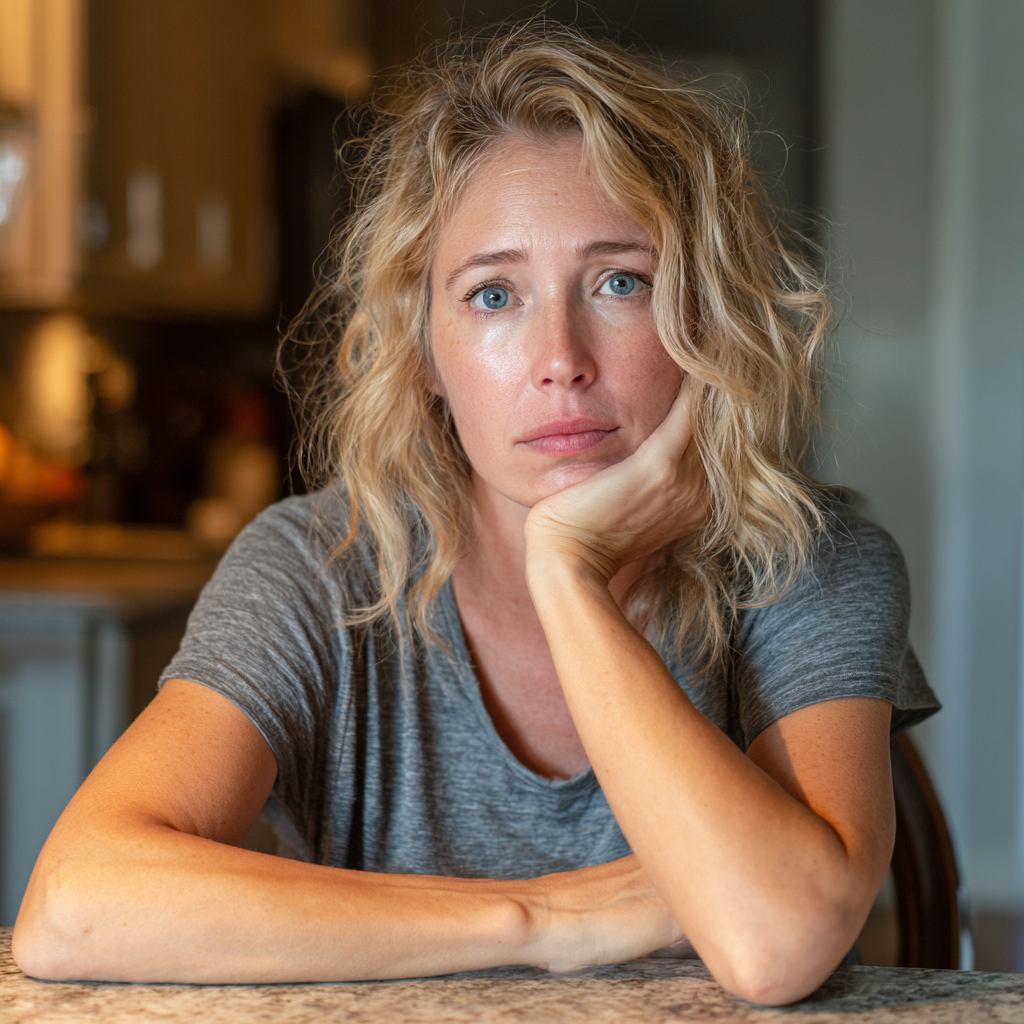 Eine Nahaufnahme einer Frau, die an einem Tisch sitzt | Quelle: Midjourney
