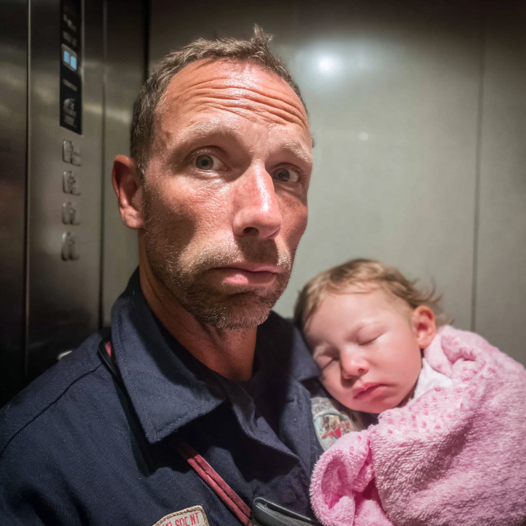 Ein Mann hält ein schlafendes Baby in einem Aufzug | Quelle: Midjourney