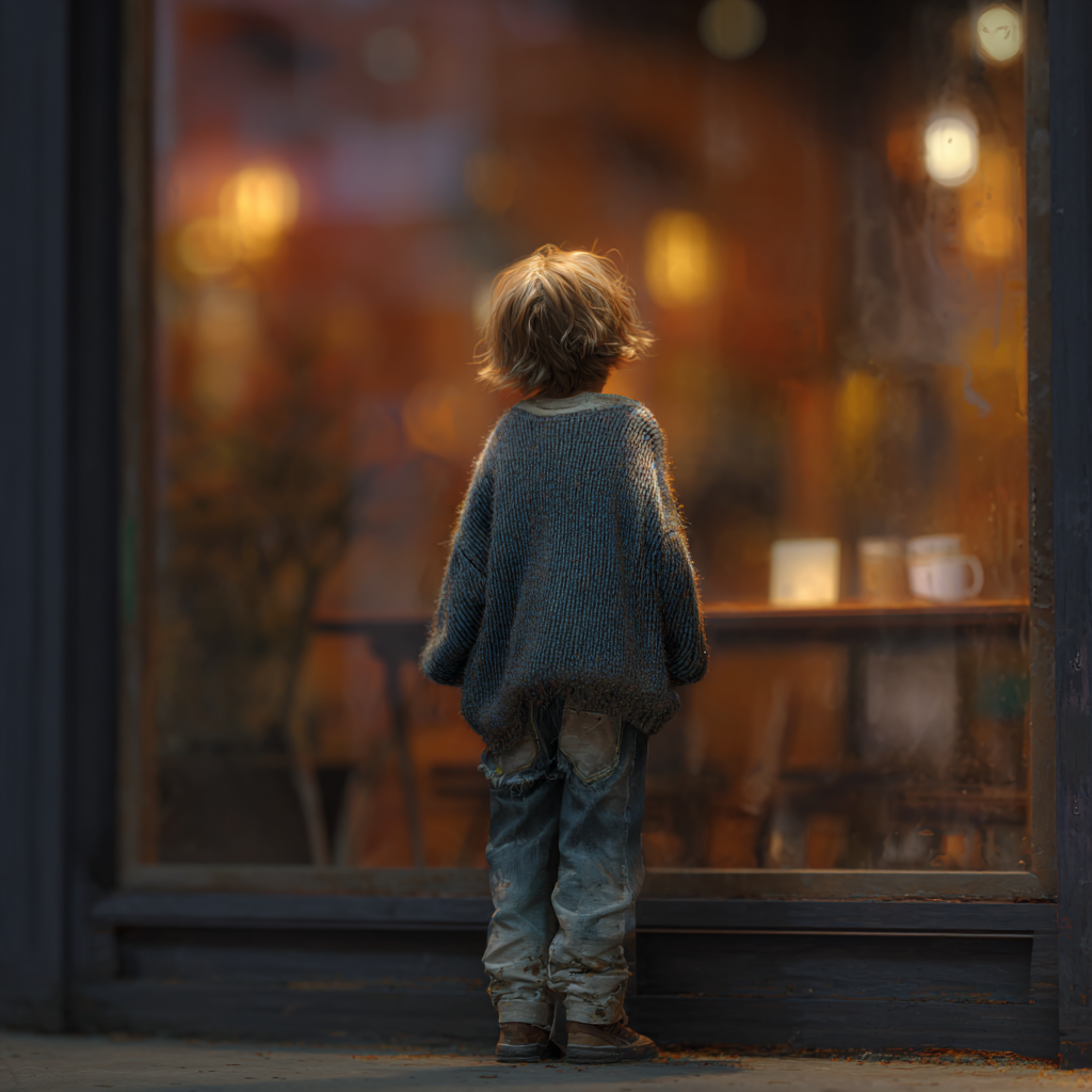 Ein kleiner Junge steht vor einem Café | Quelle: Midjourney