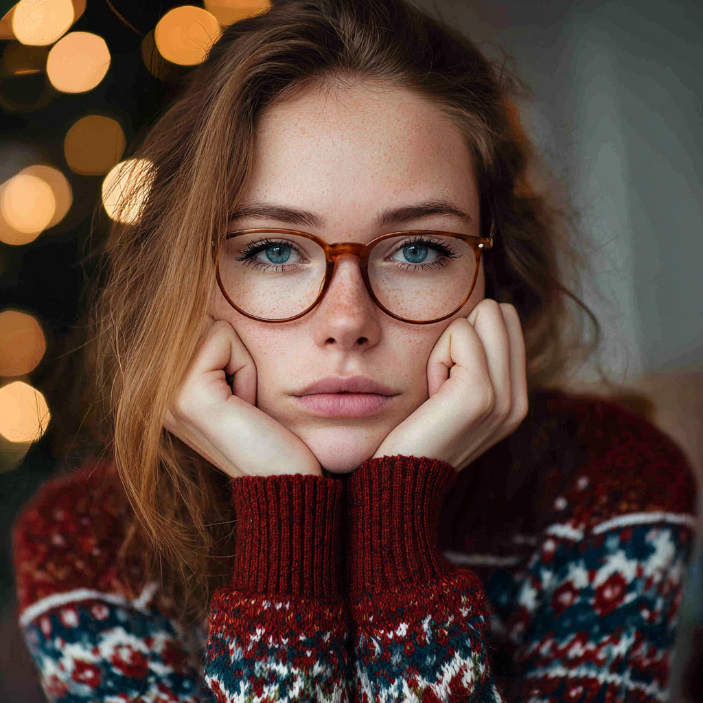 Eine nachdenkliche Frau, die einen Weihnachtspulli trägt | Quelle: Midjourney
