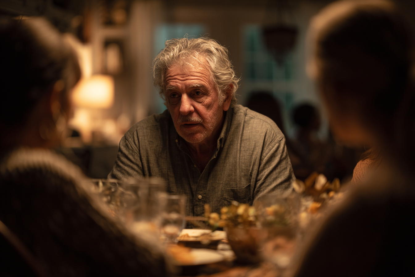 Ein älterer Mann sitzt an einem Esstisch | Quelle: Midjourney