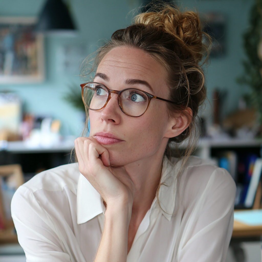 Eine nachdenkliche Frau sitzt an ihrem Schreibtisch | Quelle: Midjourney