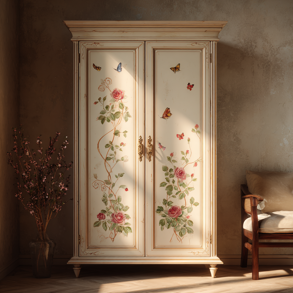 Ein cremefarbener Kleiderschrank neben einer Vase und einer Couch | Quelle: Midjourney