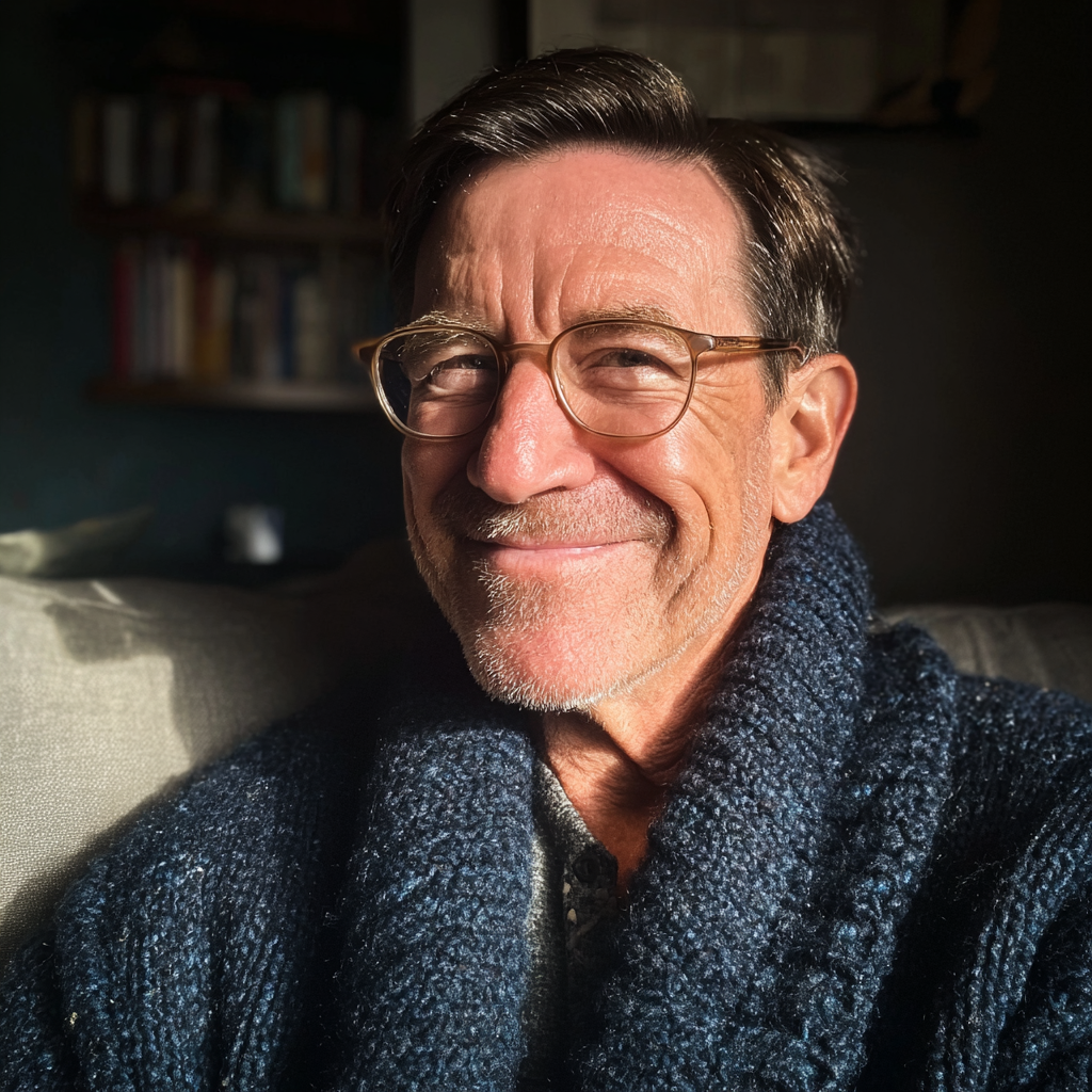 Ein alter Mann trägt eine marineblaue Strickjacke | Quelle: Midjourney