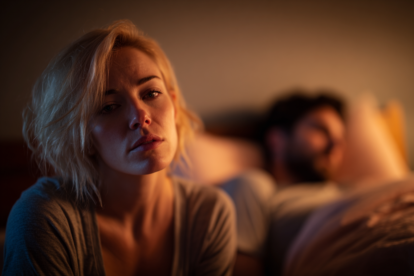 Eine müde Frau sitzt auf einem Bett, während ihr Mann schläft | Quelle: Midjourney