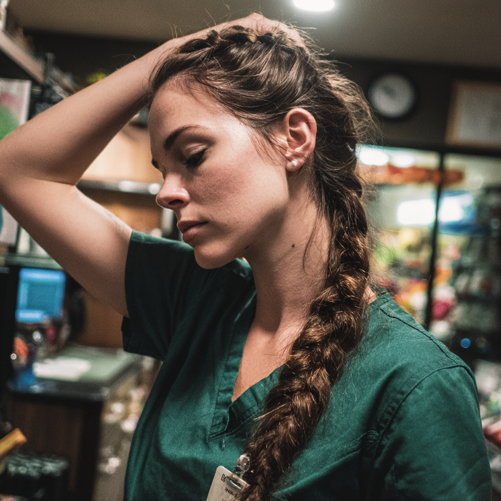 Eine emotionale Frau mit ihrer Hand auf dem Kopf | Quelle: Midjourney
