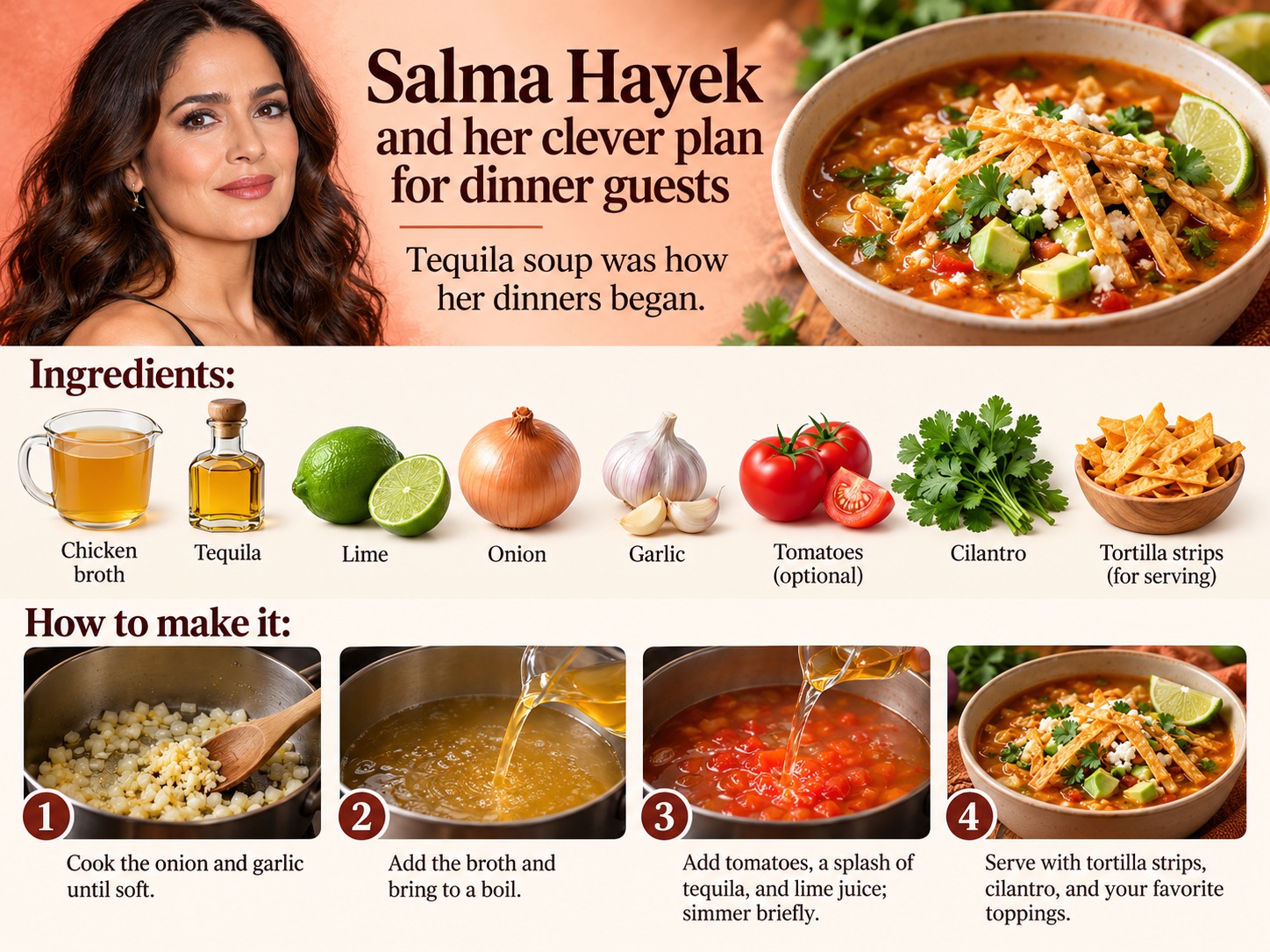 Dieses illustrierte Rezept zeigt, wie man eine warme, aromatische Suppe mit Hühnerbrühe, Limette und einem Schuss Tequila zubereitet. Zwiebeln, Knoblauch, Tomaten und frische Beilagen bieten eine optionale Abwandlung von Salma Hayeks ursprünglicher Idee mit nur drei Zutaten. | Quelle: KI-generierte Illustration.