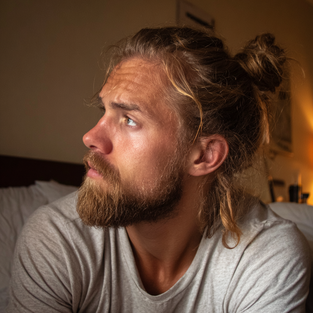 Ein besorgter Mann sitzt in seinem Bett | Quelle: Midjourney