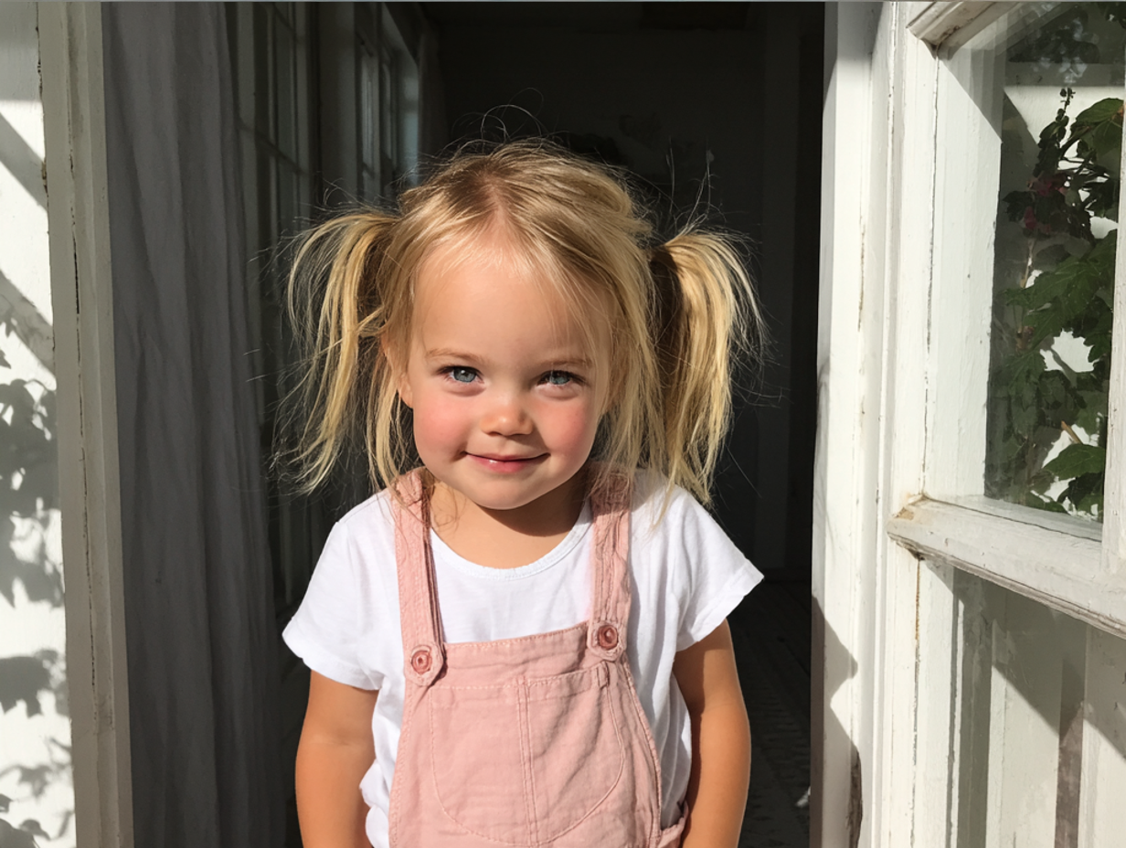 Ein lächelndes kleines Mädchen in einer Latzhose auf einer Veranda | Quelle: Midjourney