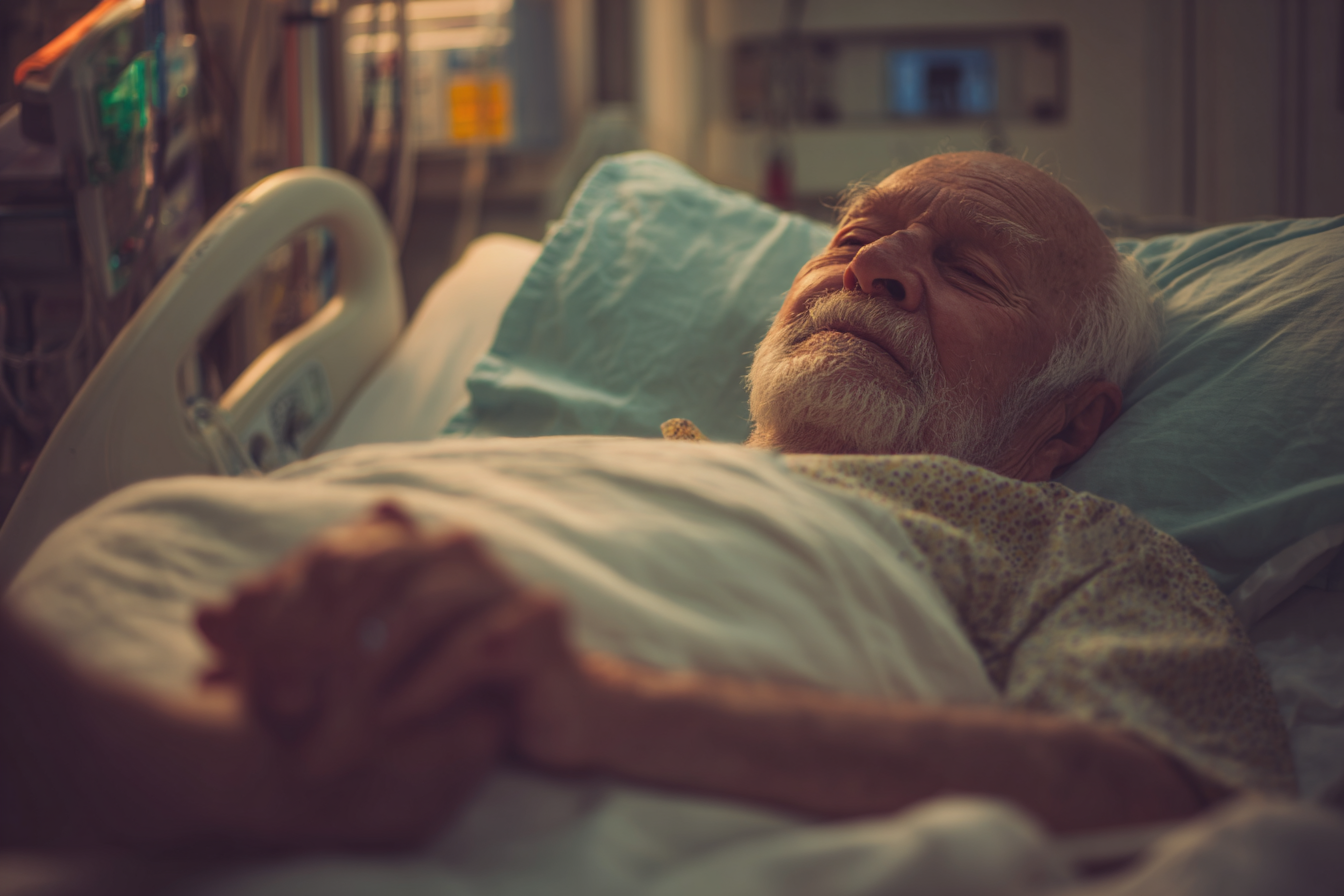 Ein älterer Mann in einem Krankenhausbett | Quelle: Midjourney