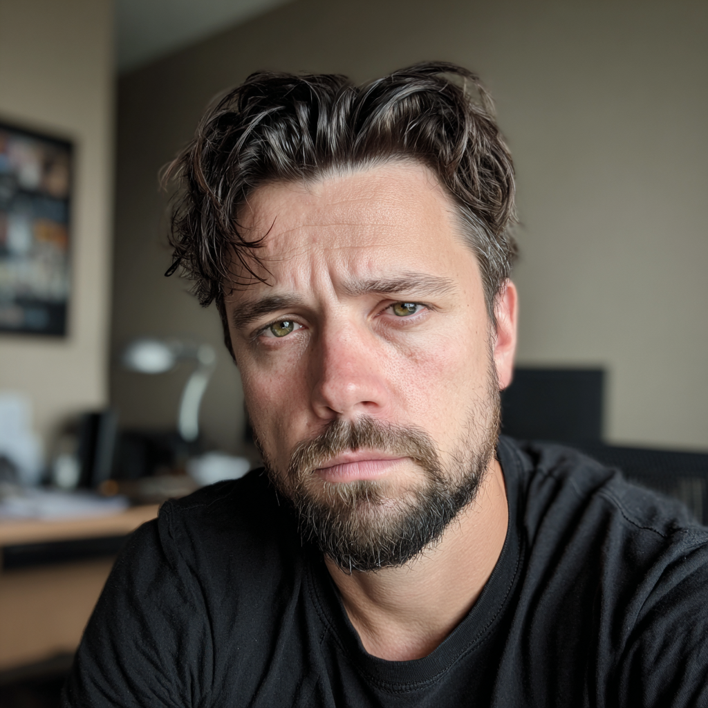 Ein stirnrunzelnder Mann sitzt in einem Büro | Quelle: Midjourney