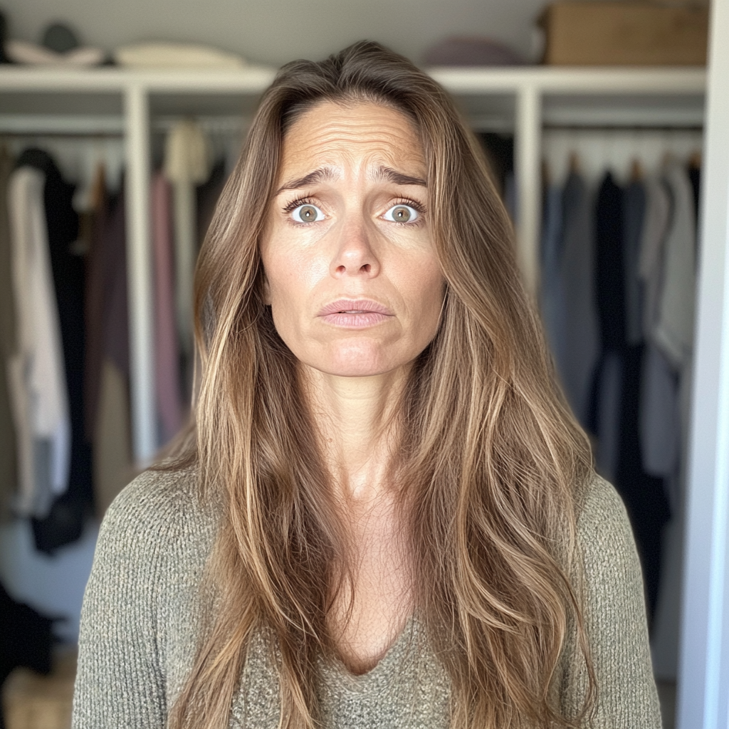 Eine stirnrunzelnde Frau, die vor einem offenen Kleiderschrank steht | Quelle: Midjourney