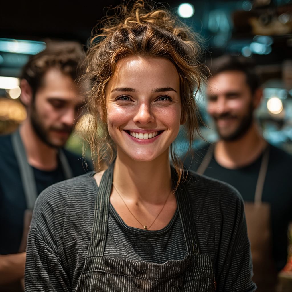 Eine glückliche Kassiererin mit ihren Kolleginnen und Kollegen | Quelle: Midjourney