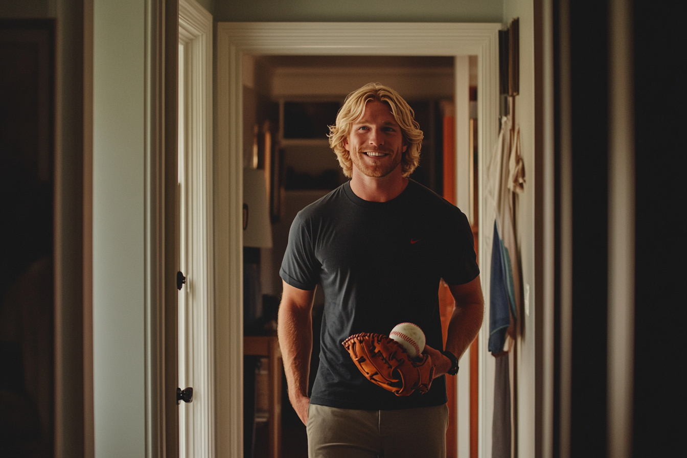 Ein blonder Mann mit einem Baseballhandschuh in der Hand lächelt im Flur eines Hauses | Quelle: Midjourney