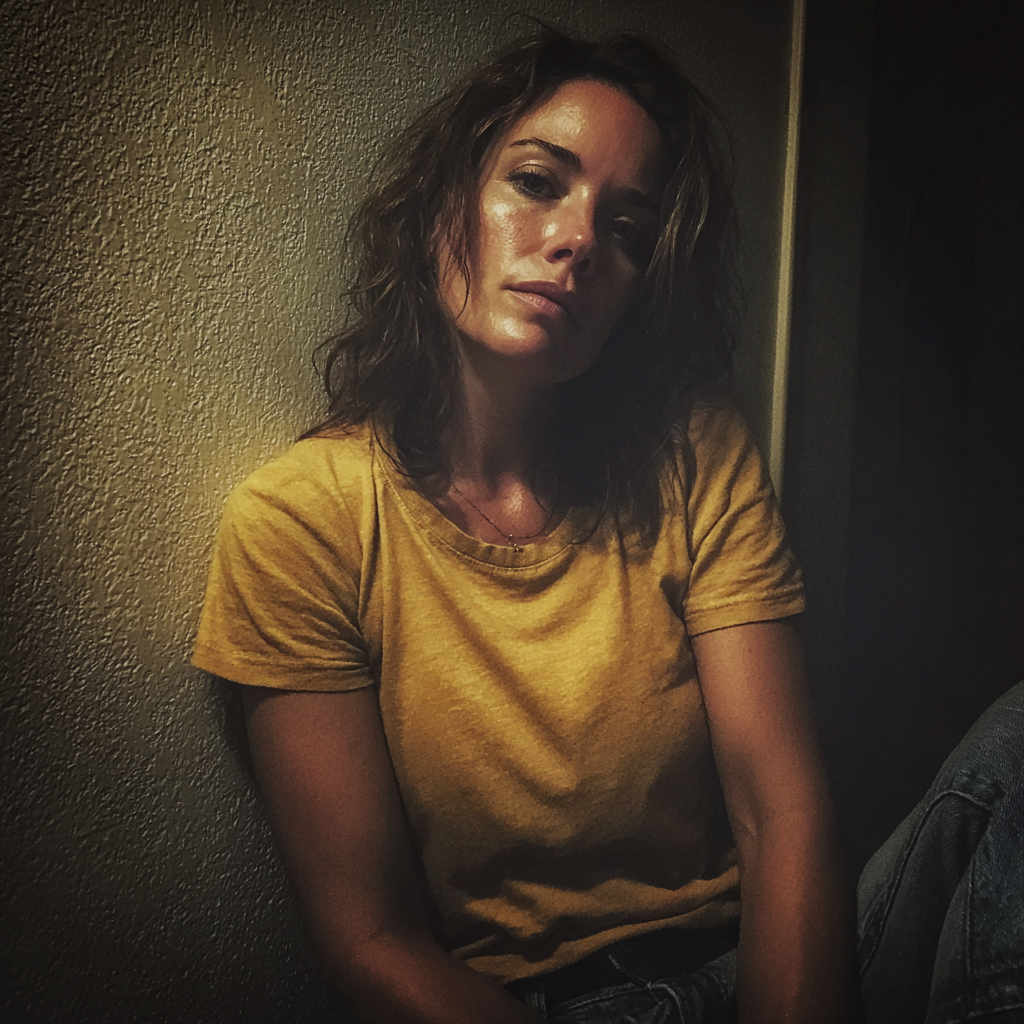 Eine erschöpfte und emotionale Frau, die an einer Wand lehnt | Quelle: Midjourney