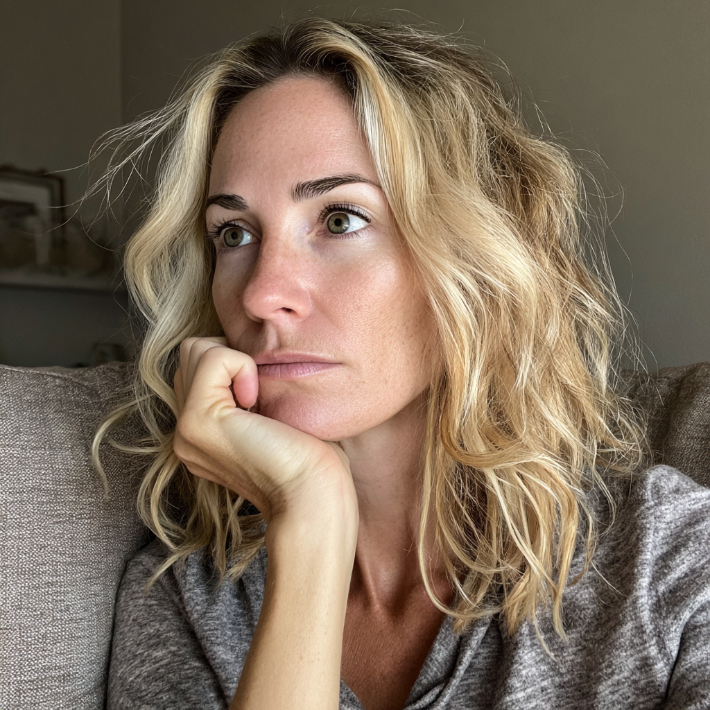 Eine gestresste Frau sitzt auf einer Couch | Quelle: Midjourney