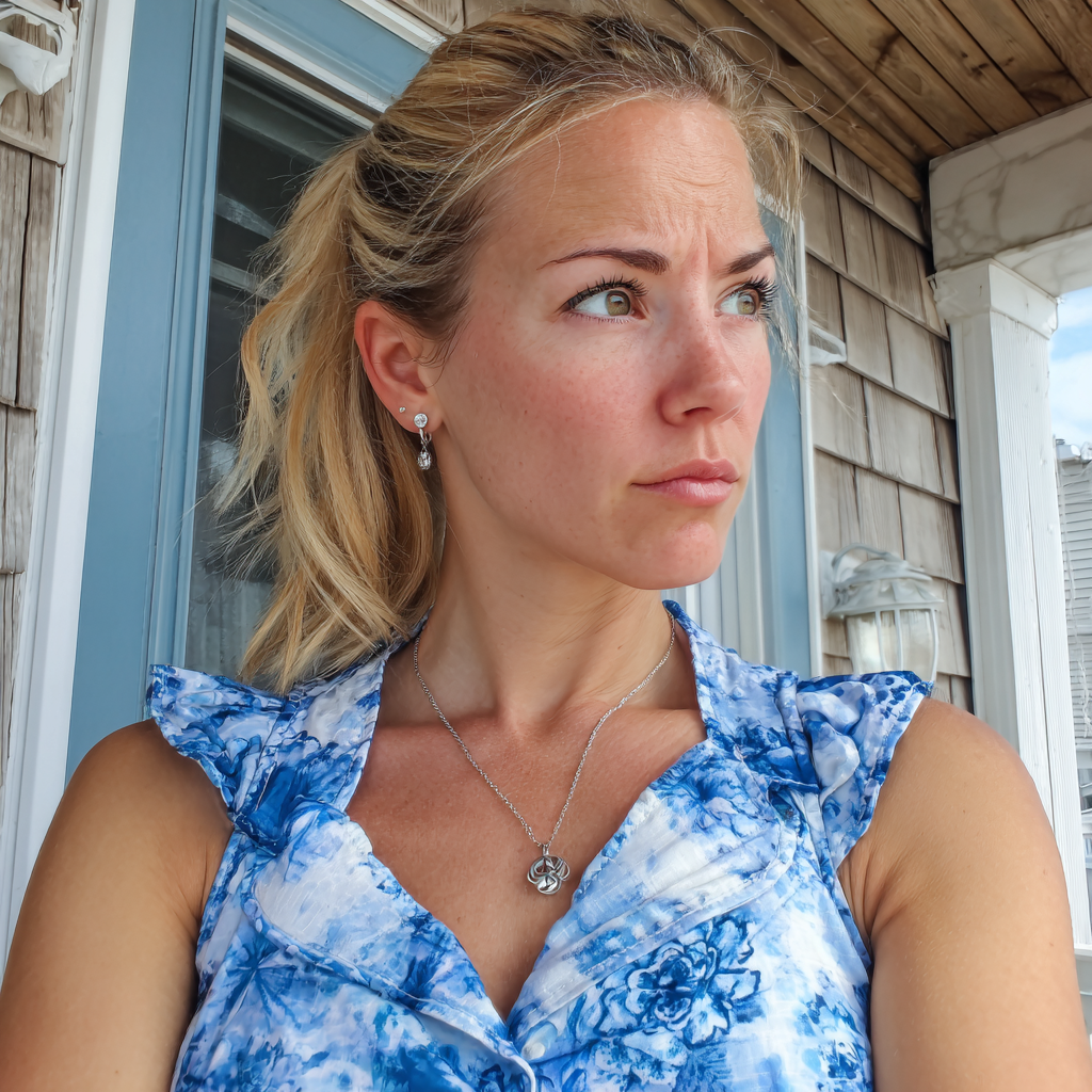 Eine Frau in einem Sommerkleid steht auf einer Veranda | Quelle: Midjourney