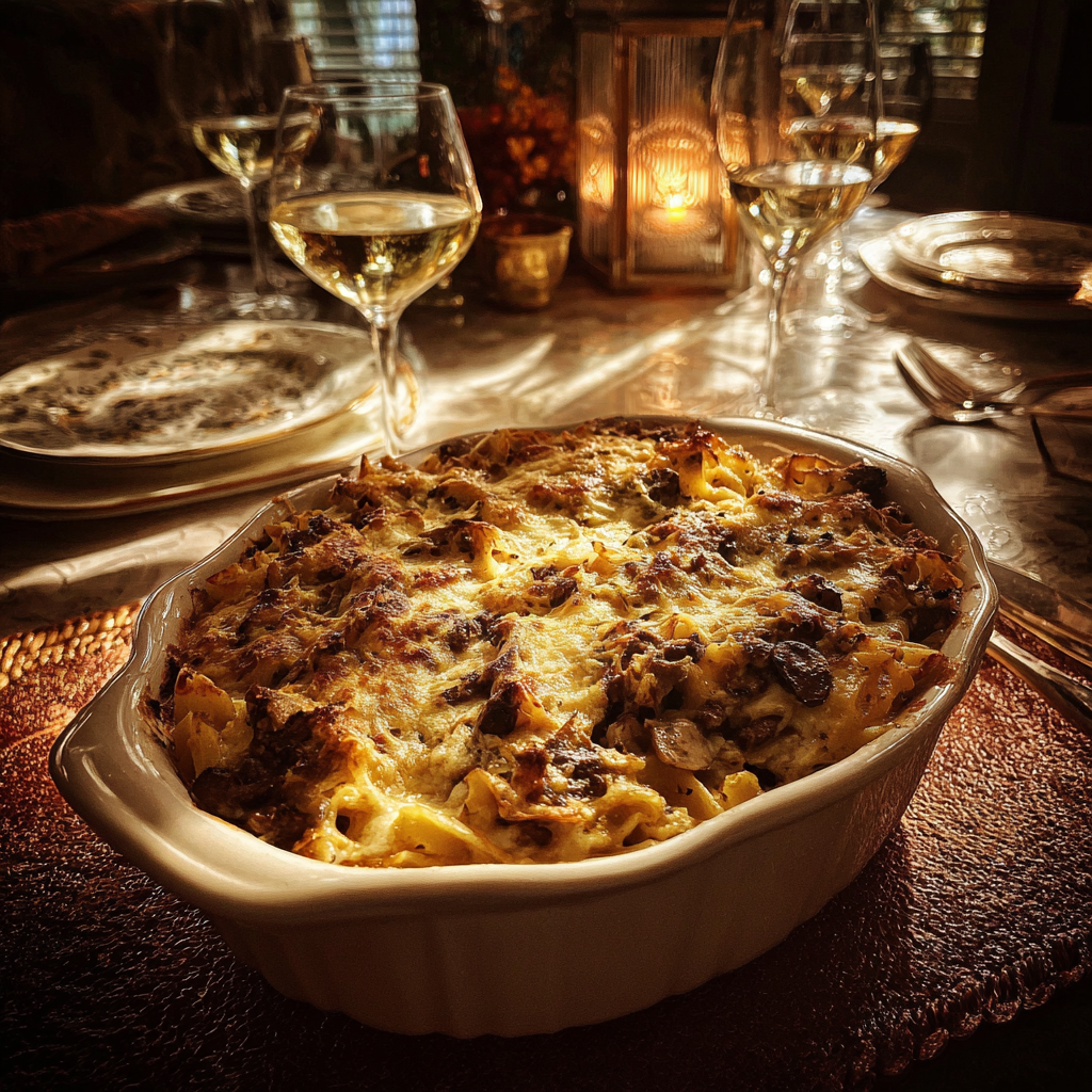 Ein Beef Stroganoff-Auflauf auf dem Tisch | Quelle: Midjourney