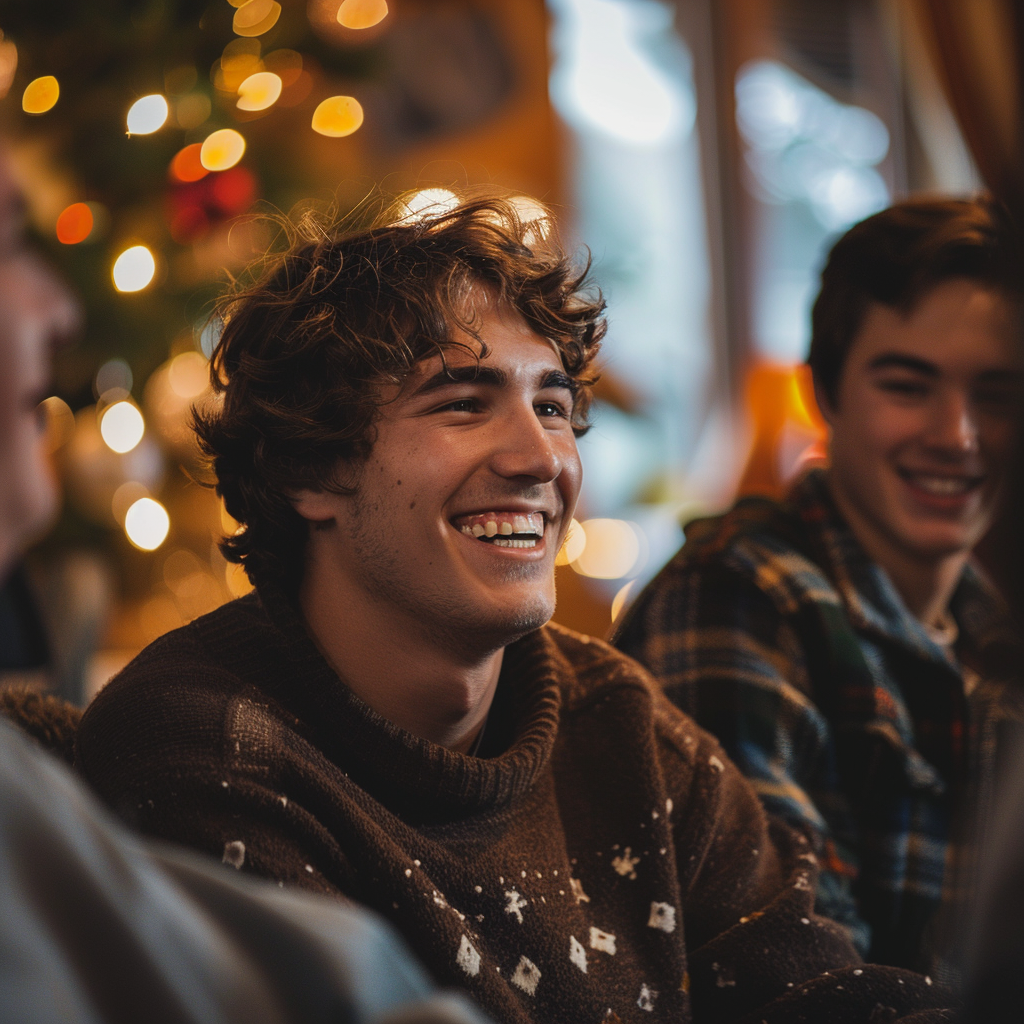 Ein junger Mann lacht während eines Weihnachtstreffens | Quelle: Midjourney