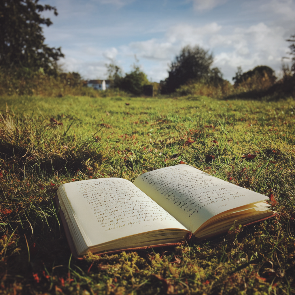 Ein aufgeschlagenes Notizbuch auf der Wiese | Quelle: Midjourney