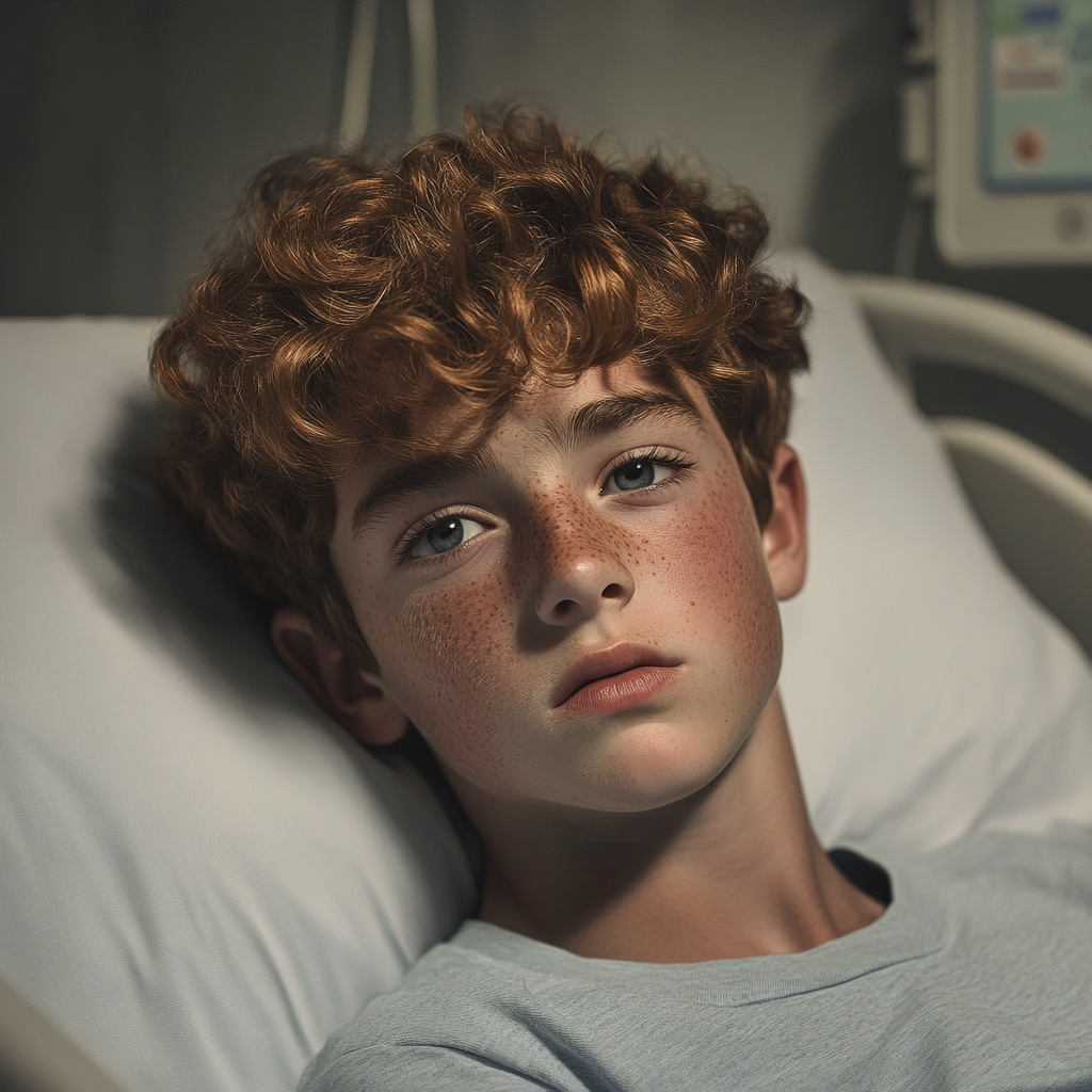 Ein trauriger Junge liegt in einem Krankenhausbett | Quelle: Midjourney