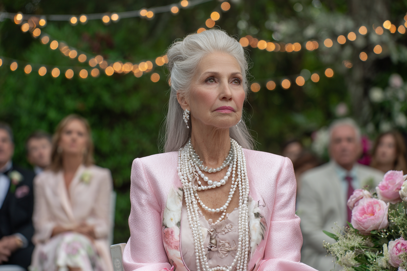 Eine ältere Frau, die auf einer Hochzeit im Freien sitzt | Quelle: Midjourney