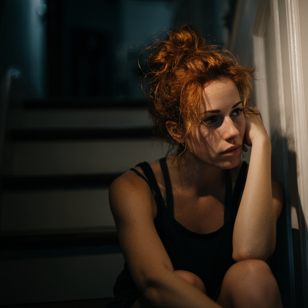 Eine emotionale Frau, die auf einer Treppe sitzt | Quelle: Midjourney