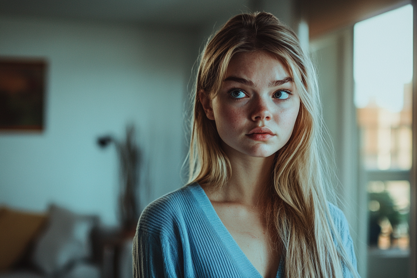 Eine Frau in einem Wohnzimmer, die verärgert wirkt | Quelle: Midjourney