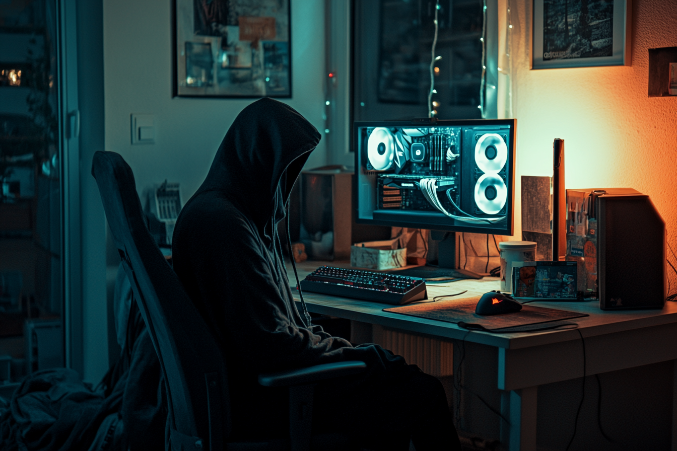 Vogelscheuche aus einem Kapuzenpulli, der auf einem Schreibtisch mit Gaming-Computer sitzt | Quelle: Midjourney