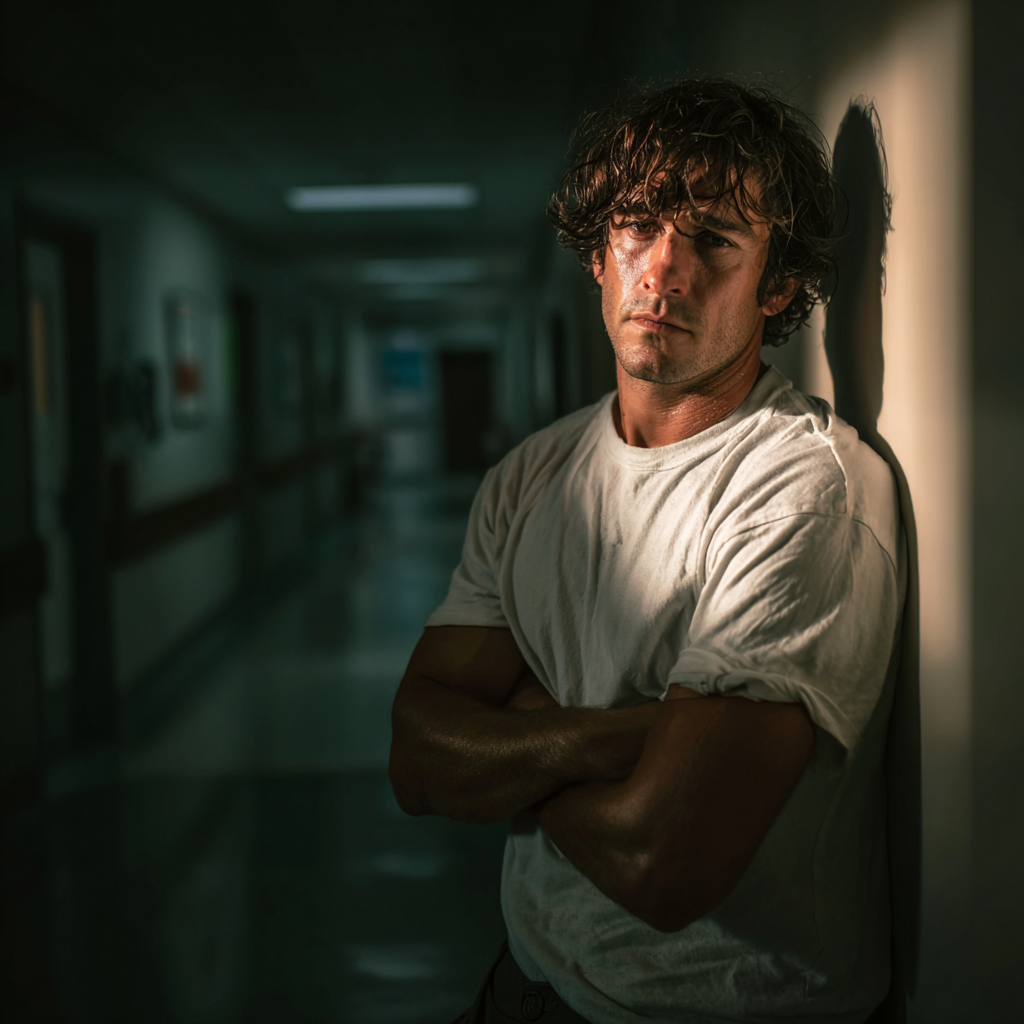 Ein Mann lehnt an einer Wand in einem Krankenhausflur | Quelle: Midjourney