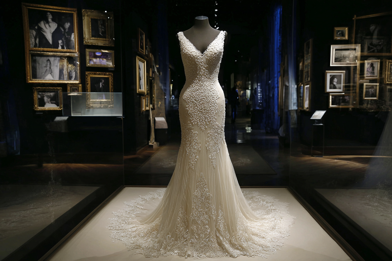 Ein Brautkleid auf einer Schaufensterpuppe | Quelle: Midjourney