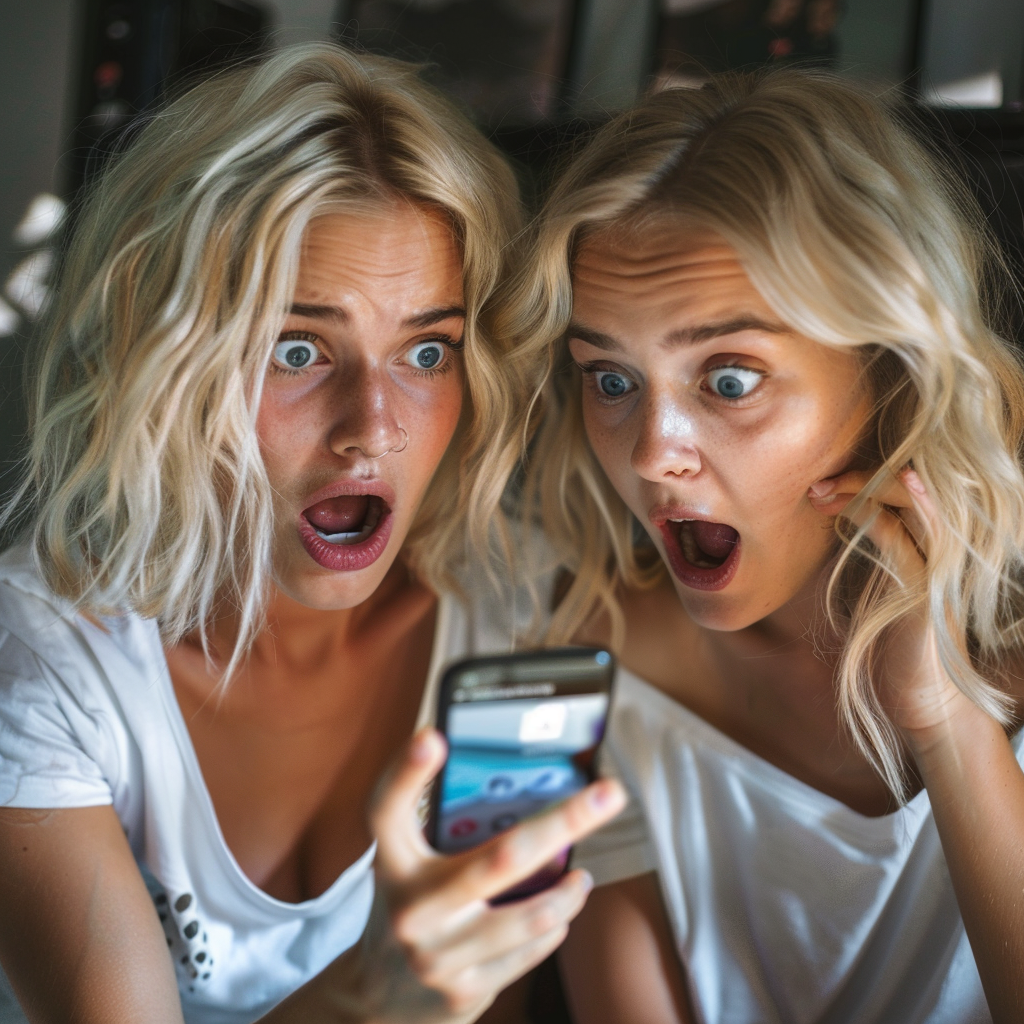 Lilian und Hailey starren geschockt auf ihr Smartphone | Quelle: Midjourney