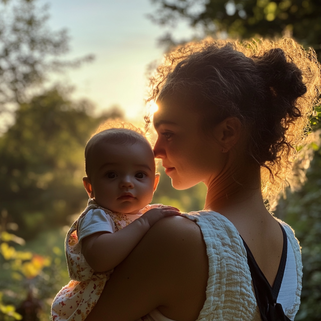 Junge Frau, die ihr Baby trägt | Quelle: Midjourney