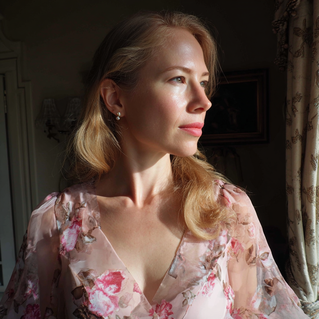 Eine nachdenkliche Frau in einem rosa Blumenkleid | Quelle: Midjourney