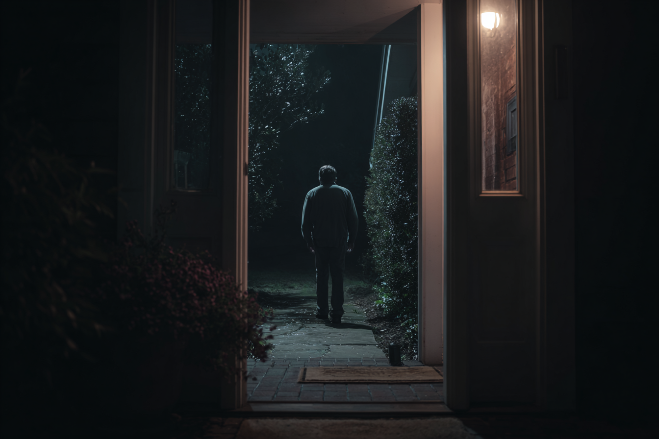 Ein Mann verlässt ein Haus bei Nacht | Quelle: Midjourney