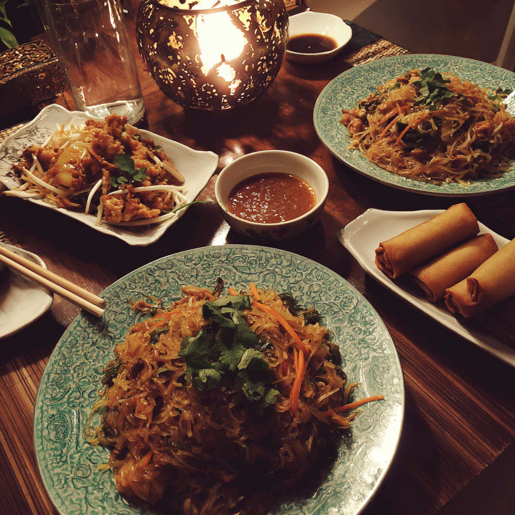 Thailändisches Essen auf einem Kaffeetisch | Quelle: Midjourney