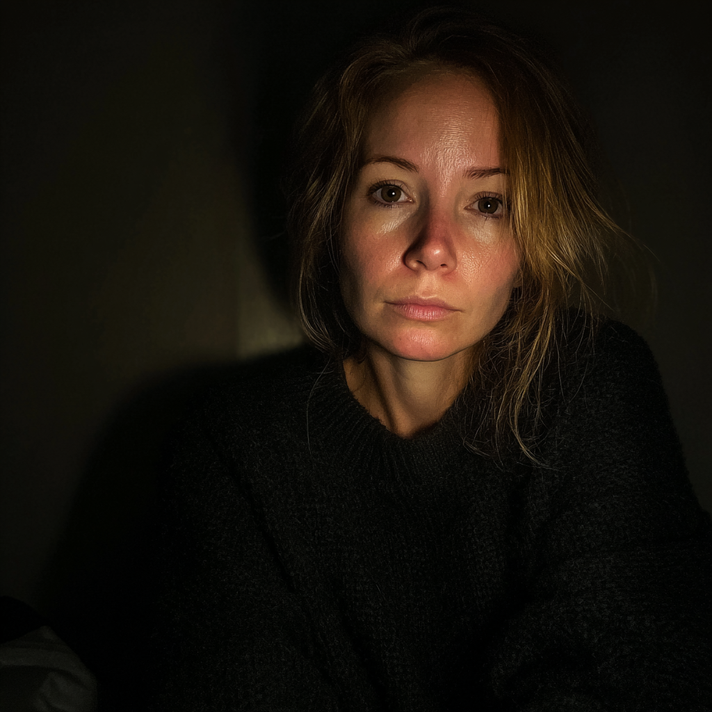 Eine emotionale Frau sitzt im Dunkeln | Quelle: Midjourney