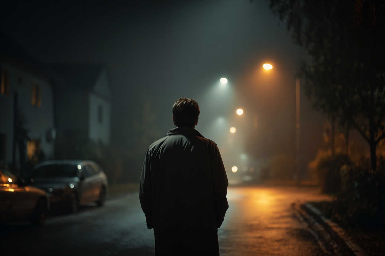 Ein Mann steht nachts auf einer Straße | Quelle: Midjourney