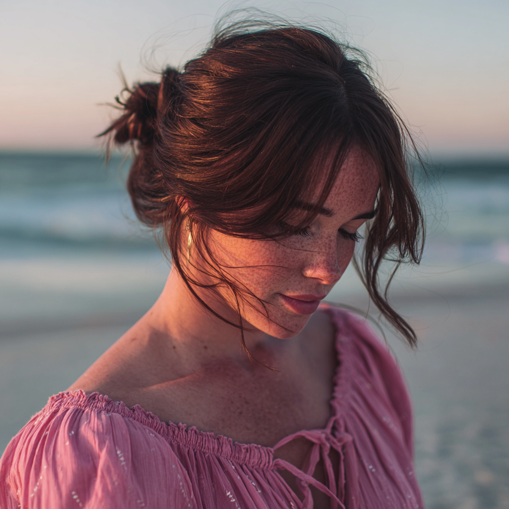 Eine Frau in einem rosafarbenen Kleid steht am Strand | Quelle: Midjourney