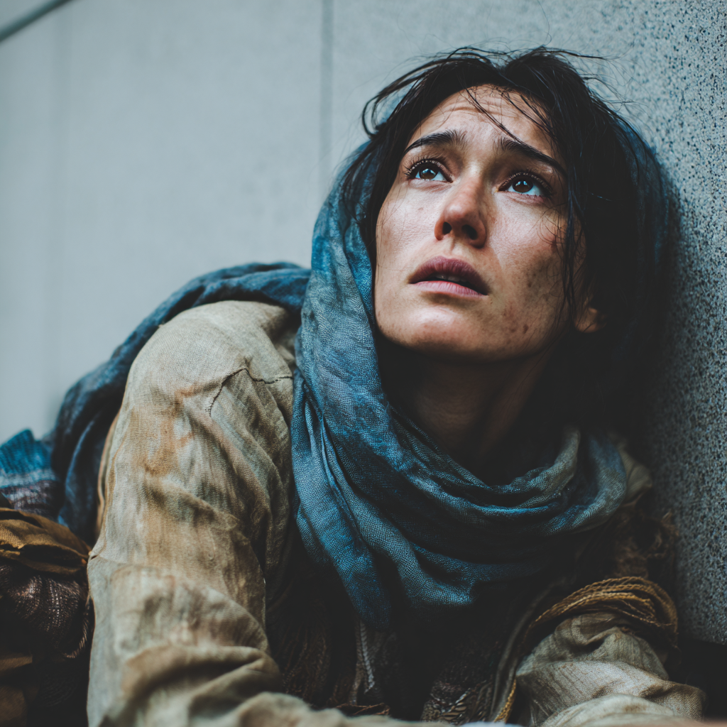 Eine verängstigte Frau auf einem Bürgersteig | Quelle: Midjourney