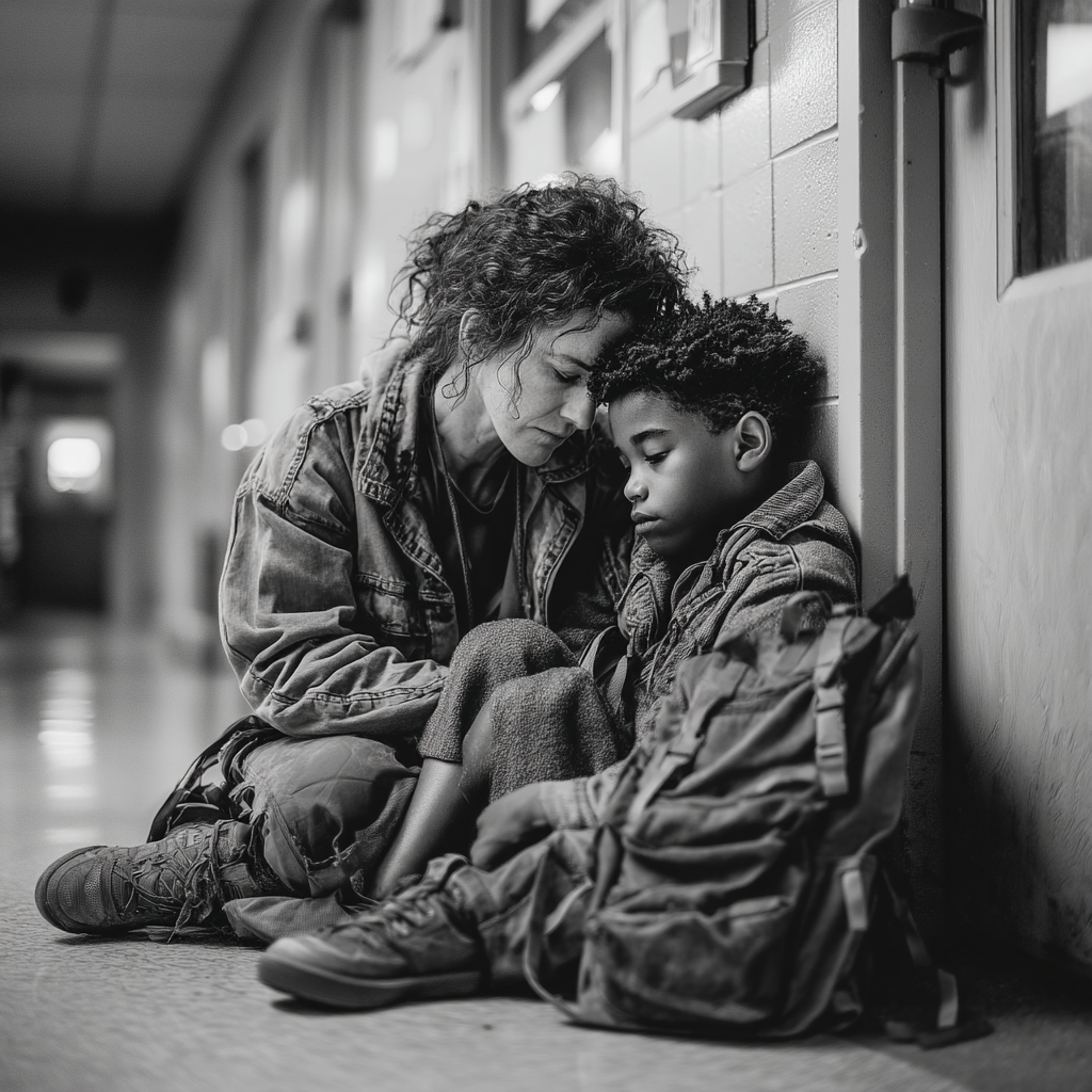 Ein trauriger Junge sitzt bei einer Frau | Quelle: Midjourney