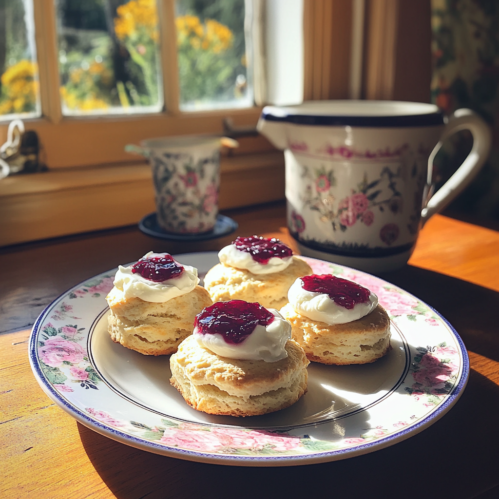Ein Teller mit frischen Scones und Marmelade | Quelle: Midjourney