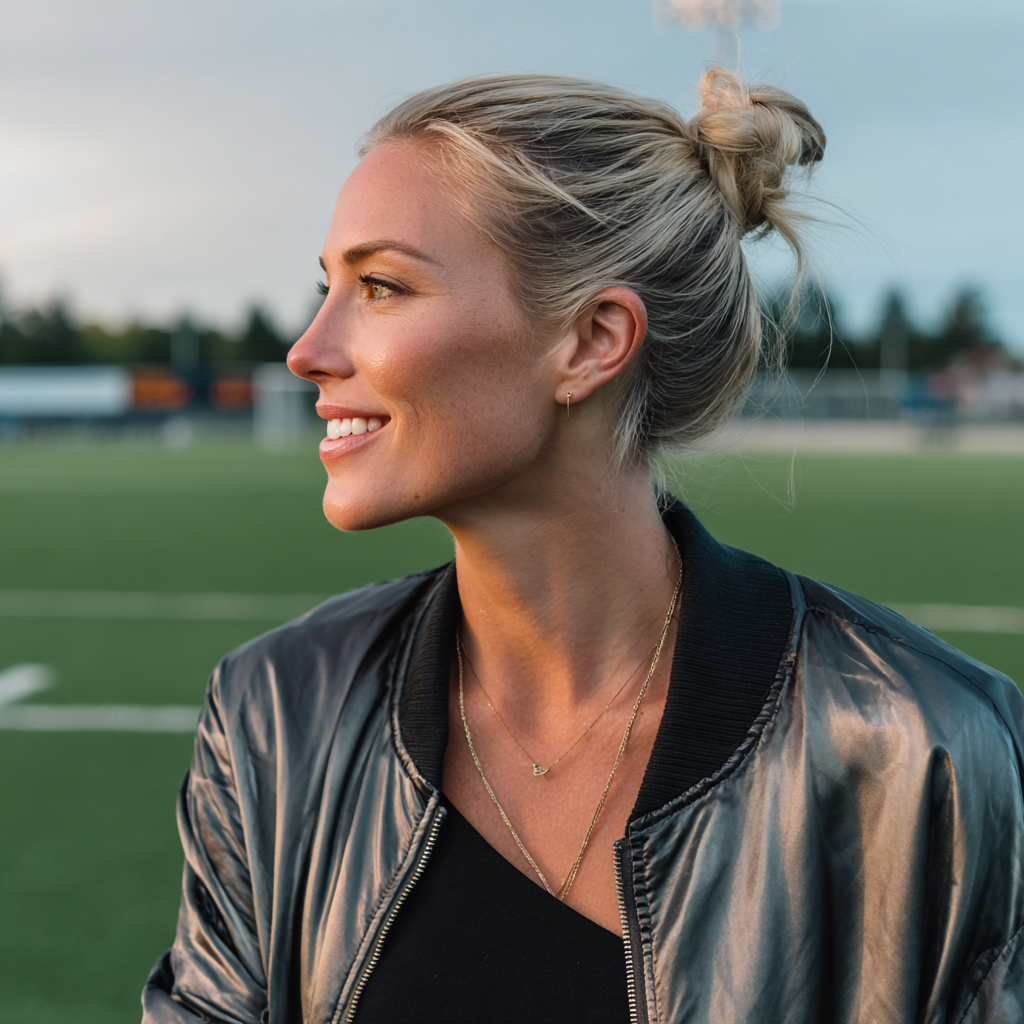 Eine lächelnde Frau, die auf einem Fußballfeld steht | Quelle: Midjourney