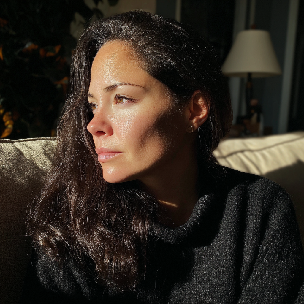 Eine Frau in einem schwarzen Pullover sitzt auf einer Couch | Quelle: Midjourney