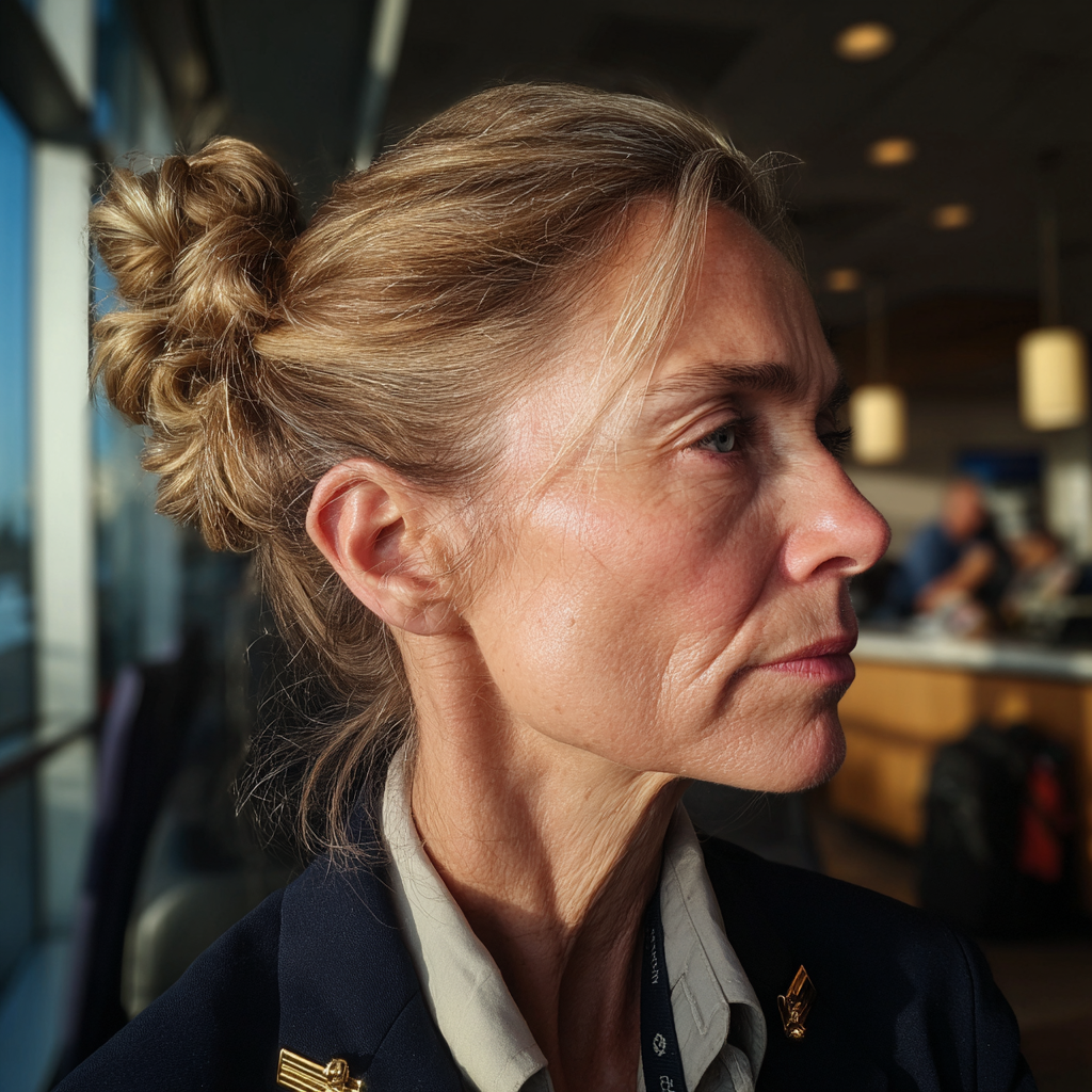 Eine Seitenansicht einer Frau, die in einem Flughafen arbeitet | Quelle: Midjourney